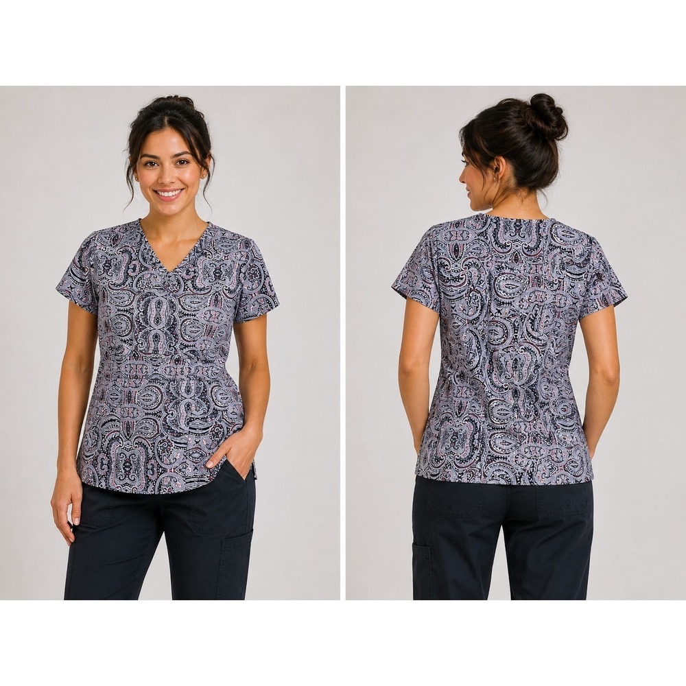 Healing Hands‎ Scrub Top Womens S Paisley V-Neck Medical Nurse Uniform